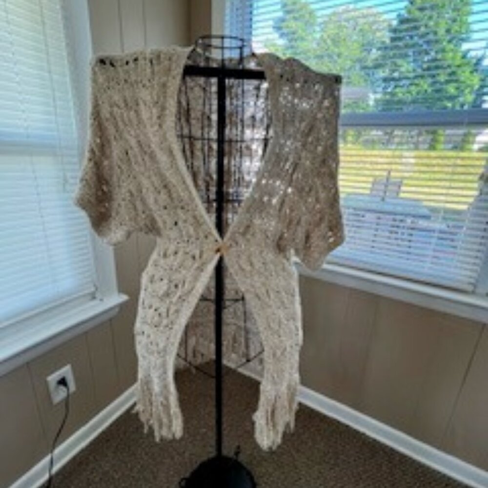 American Eagle-Short Sleeve Tan Knit Sweater Jacket Fringe SZ. XS/S - Picture 5 of 11